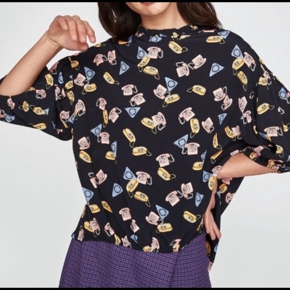 Zara Telephone Print Top Size Medium - Picture 1 of 10